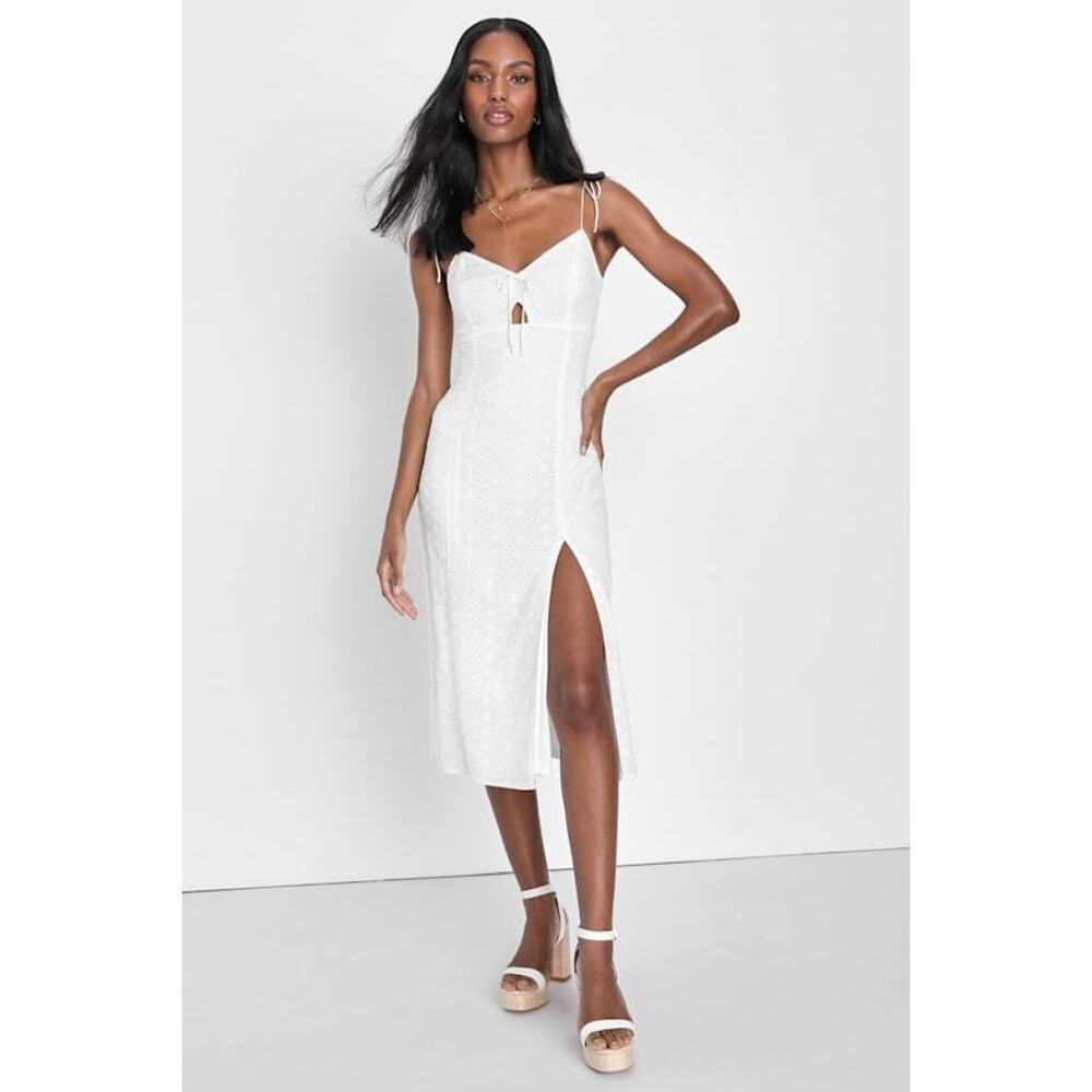 Lulus Flattering Favorite White Eyelet Embroidery Tie-strap Midi Dress - Size XL